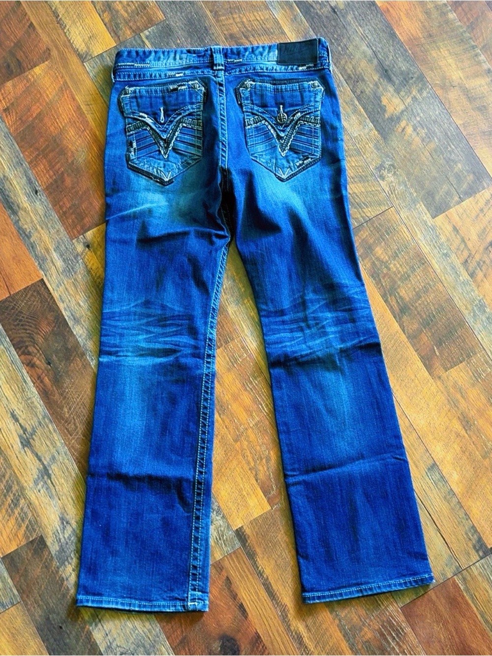 Affliction Men's Blue Bootcut Jeans with Embroidered Back Pockets